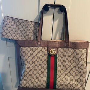 Gucci Beige and Brown Tote with Green and Red Stripe